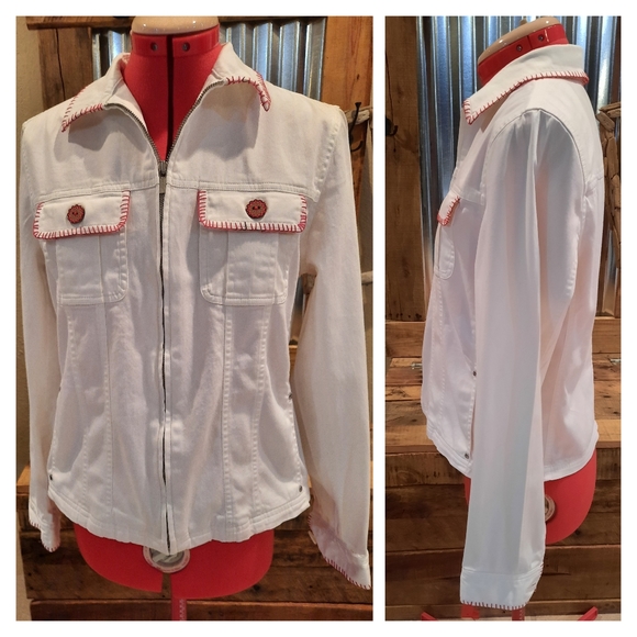 Upcycled White jean jacket shacket embroidered S-M Jones NY - Picture 2 of 4